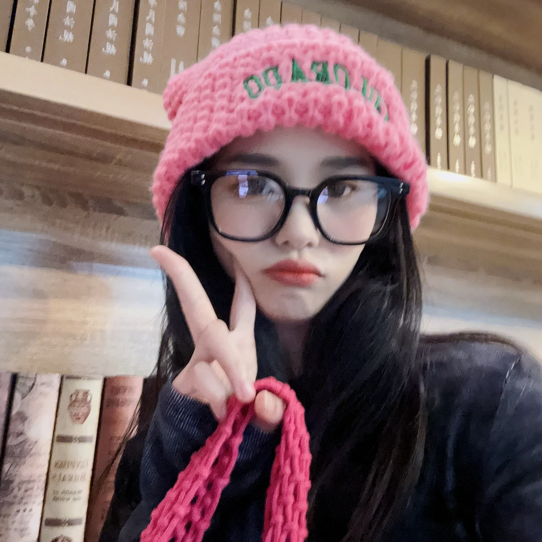 鱼小傻 纯色字母毛线帽女秋冬大头围韩版堆堆帽显脸小针织帽保暖