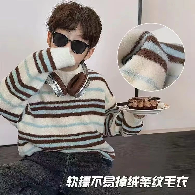 男童加厚韩国绒毛衣2025冬装新款秋冬儿童条纹针织衫套头上衣洋气