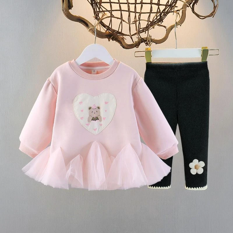 女童加绒裙式卫衣保暖可爱韩版2025秋冬款网纱裙摆打底衫两件套装