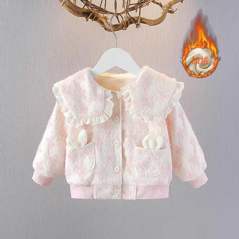 女童加绒外套秋冬款公主2025新款洋气周岁宝宝儿童保暖小香风开衫