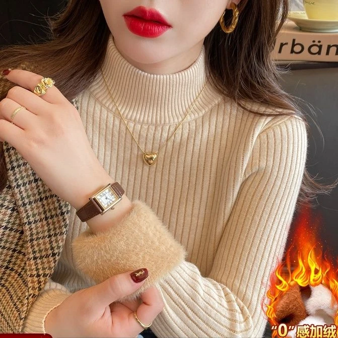 加绒加厚毛衣女冬设计感小众一体绒保暖打底衫内搭秋冬半上衣X