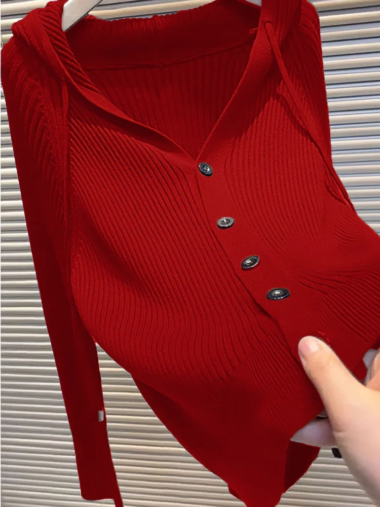 2023秋季新款纯色外搭开衫连帽显瘦百搭宽松减龄红色针织衫上衣女