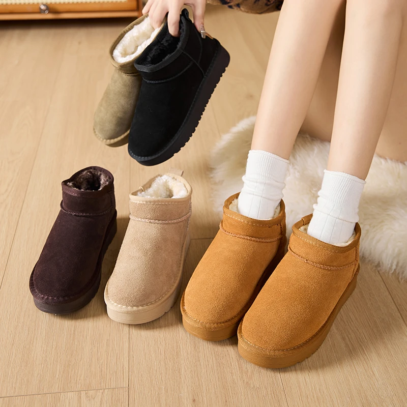 【皮毛一体】厚底冬雨mini短筒牛皮雪地靴女款防滑保暖加绒加厚棉鞋