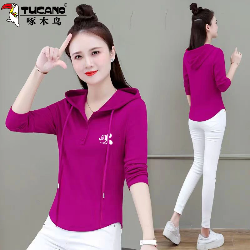 清仓捡漏啄木鸟品牌大码长袖T恤印花春秋薄款百搭时尚连帽打底衫