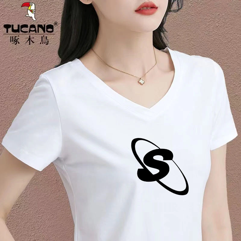 啄木鸟正品2024新款短袖V领t恤女百搭显瘦休闲夏季气质时尚上衣潮