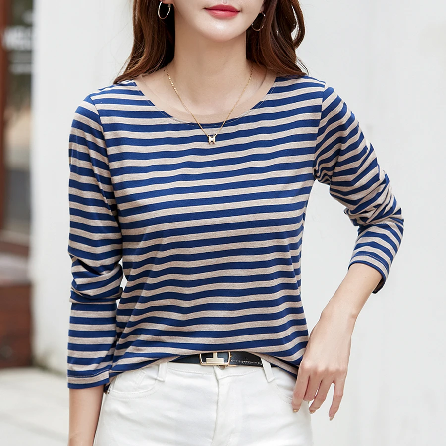 25年春装新款女士条纹长袖T恤衫圆领休闲宽松显瘦