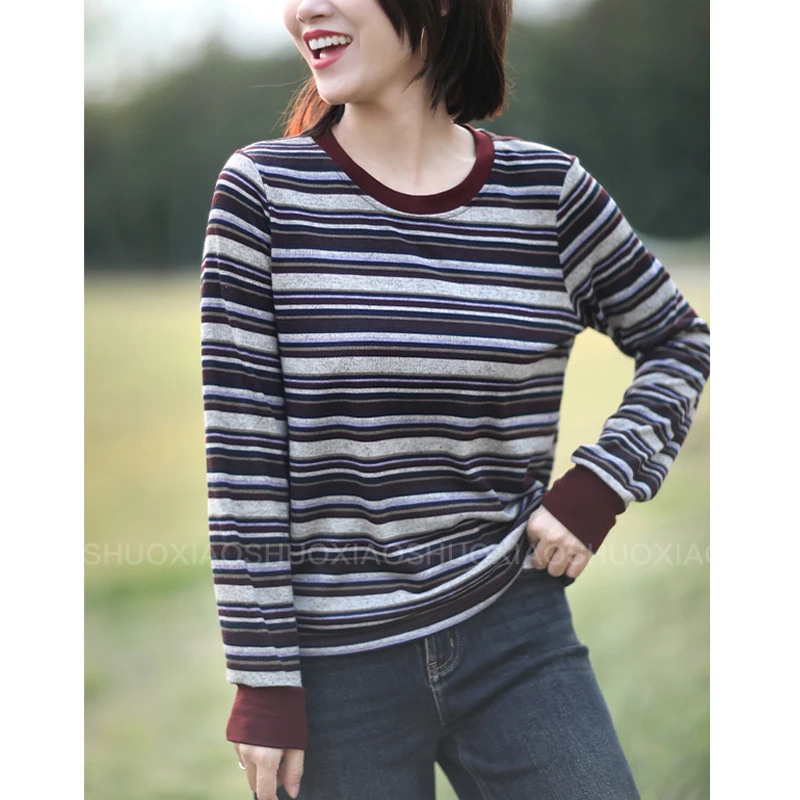 25年春季磨毛撞色条纹长袖T恤圆领休闲宽松大码打底衫欧若风
