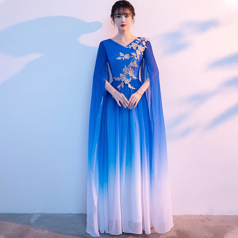 古筝大合唱中国风演出服礼服2025新款渐变色大气红歌比赛服装长裙