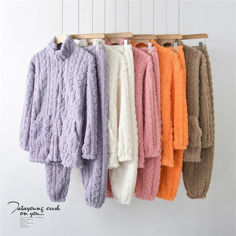 法兰绒睡衣女士冬季长袖拉链家居服套装休闲保暖加绒加厚两件套装