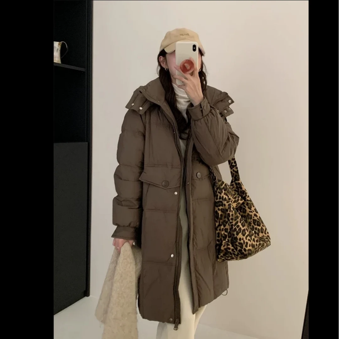 鸭绒M扣羽绒服过膝加厚款式冬季韩版气质小个子羽绒外套中长款-雪