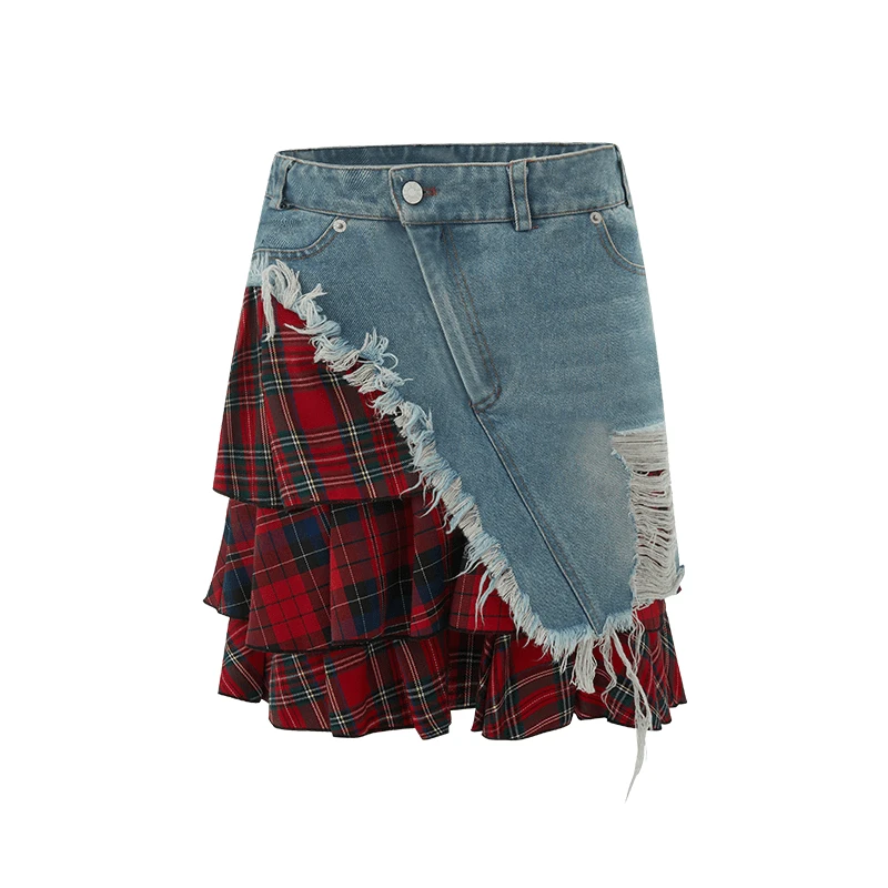 Diet grrrl2024SS原创小众设计红格拼接水洗破洞牛仔裙