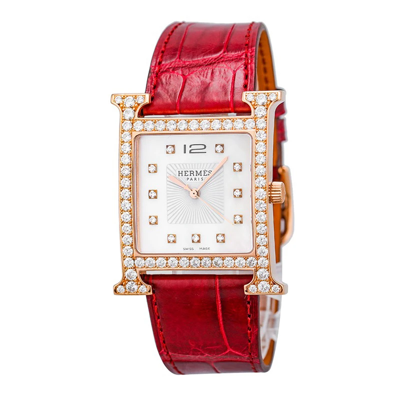 95新 Hermes/爱马仕 内外钻贝母盘石英女表