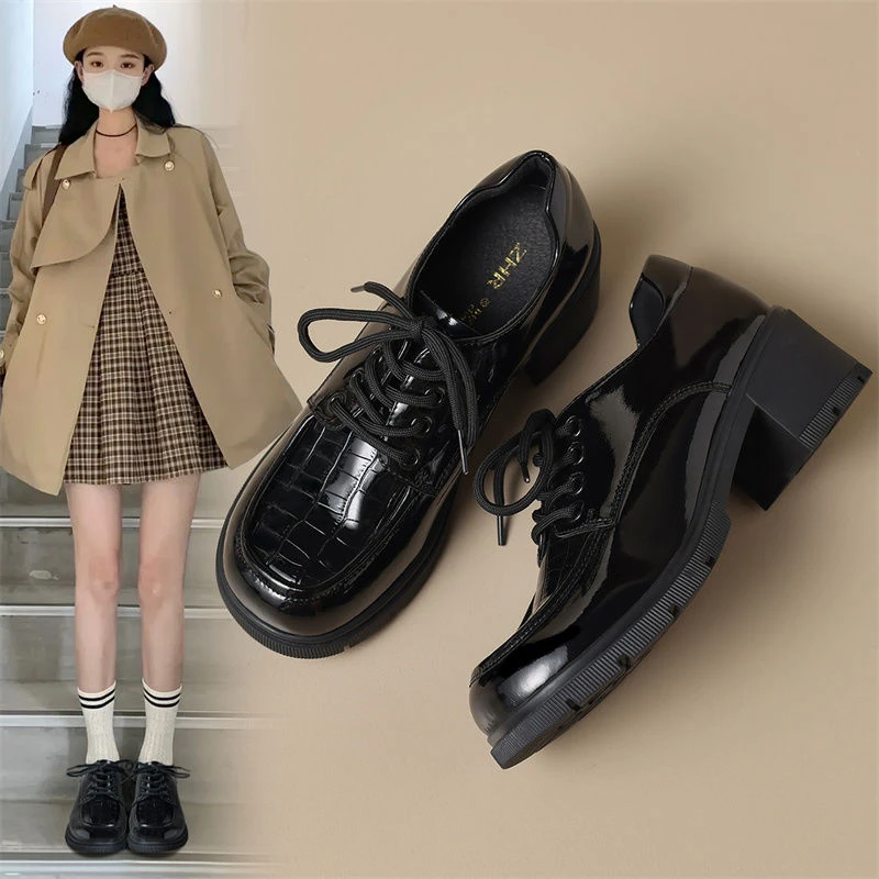 ZHR英伦风单鞋女黑色鞋子ins百搭2023秋季鞋子高跟小皮鞋jk厚底鞋