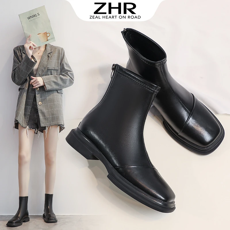 ZHR秀气小方头后拉链短靴女2023冬季新款显高加绒短靴小个子百搭