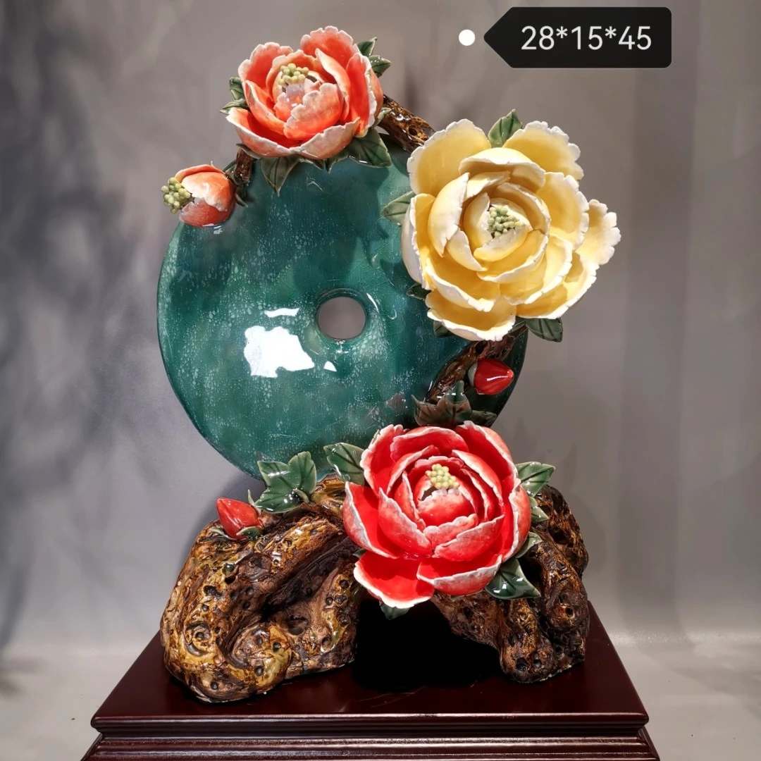 《花好月圆》定制翡翠绿釉版28*15*45手工高温陶瓷家居玄关摆件