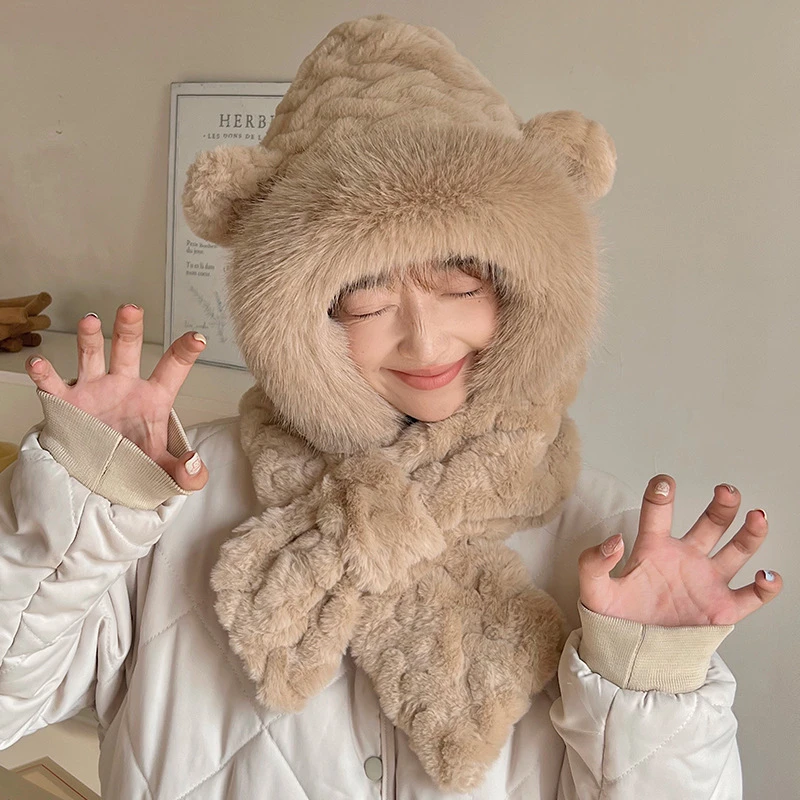 韩版新款防风围巾一体女秋冬季骑行防寒保暖竹叶绒防寒小熊帽套装