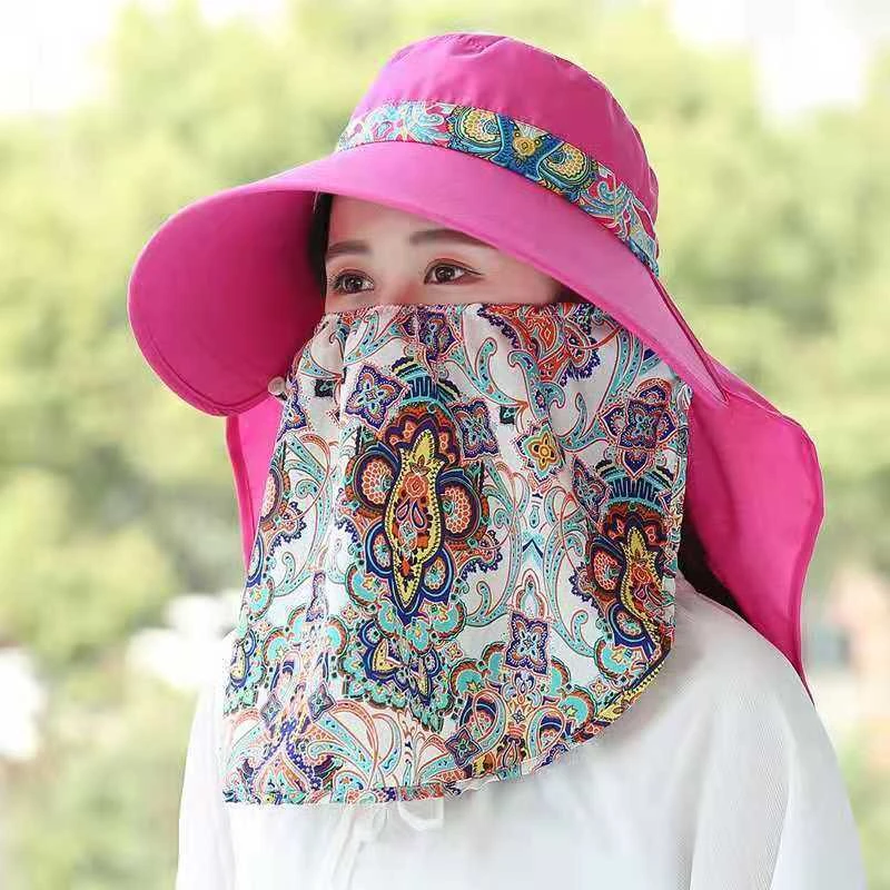 遮脸采茶帽子女韩版夏季防晒遮阳帽带面纱披肩防紫外线户外骑车帽