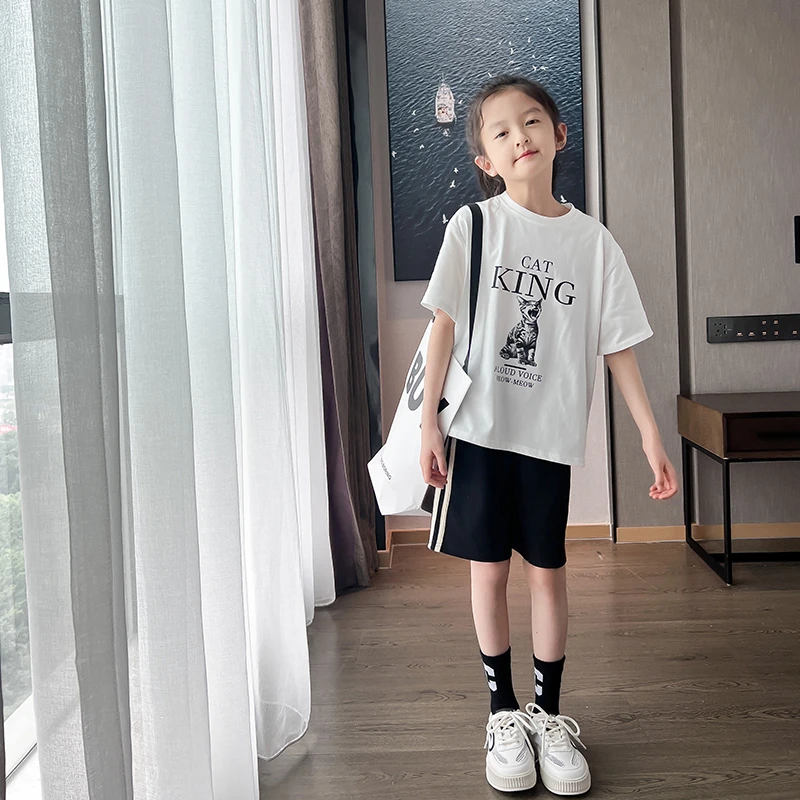 【喵~】西西家2023夏款女童韩版个性小猫印花短袖T恤上衣潮
