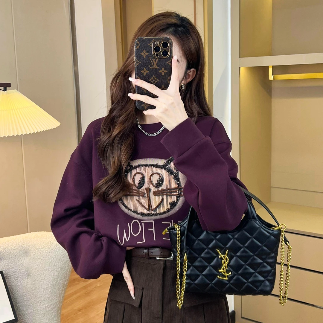 【百变狸猫】美式复古 重工刺绣 小众猫头亮片短款圆领长袖卫衣