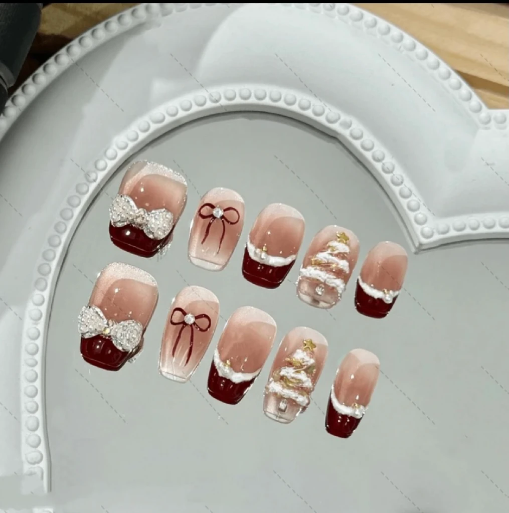 【蝴蝶结圣诞树】纯手工穿戴甲气质必备显白美甲戴甲片短款