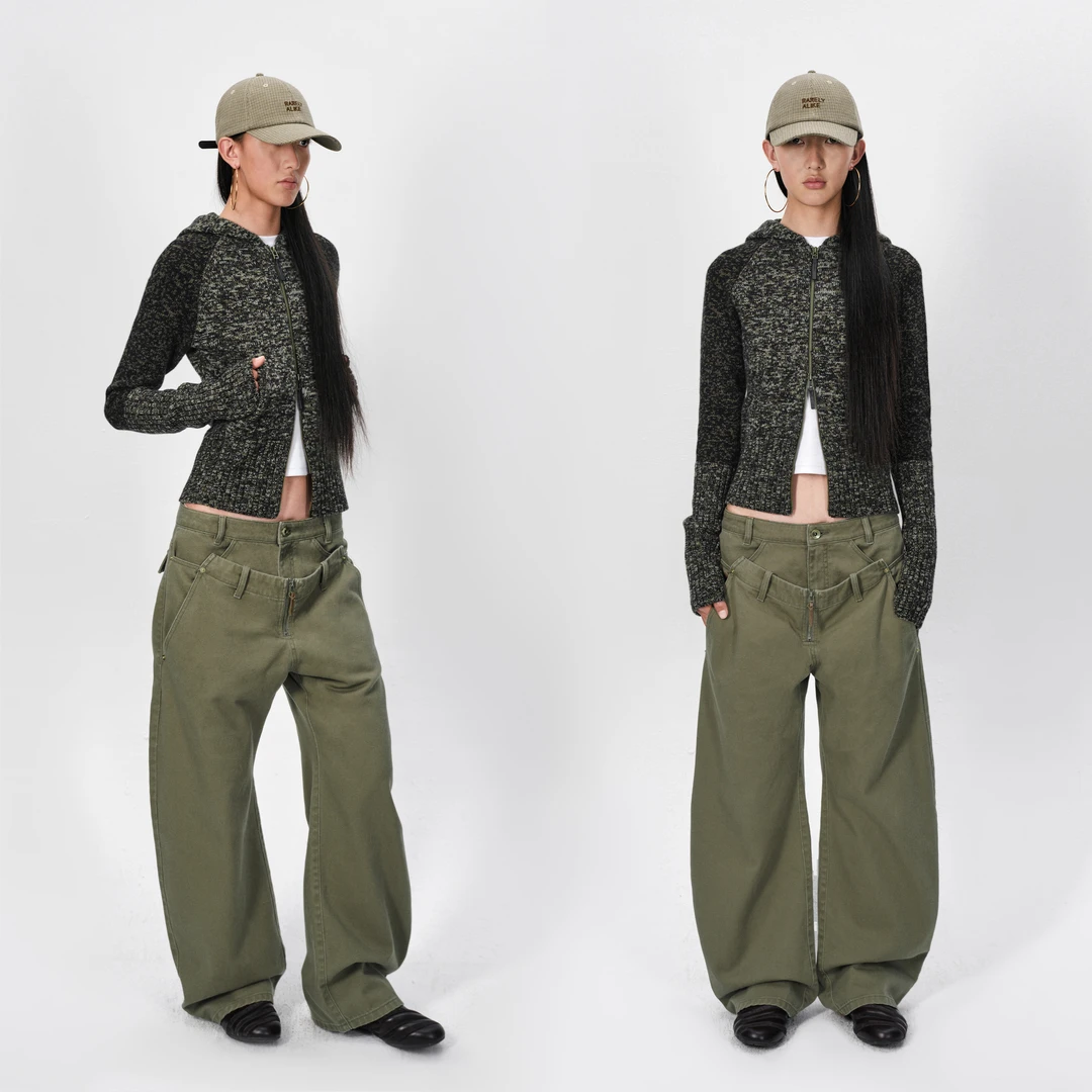 rarely alike双腰头香蕉廓形工装裤 卡其色/军绿色