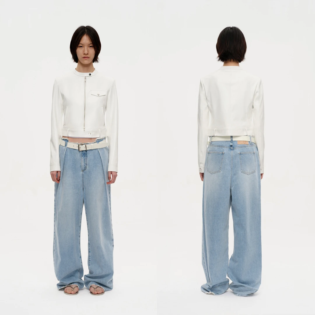 rarely alike正肩立领短款修身皮夹克 白色