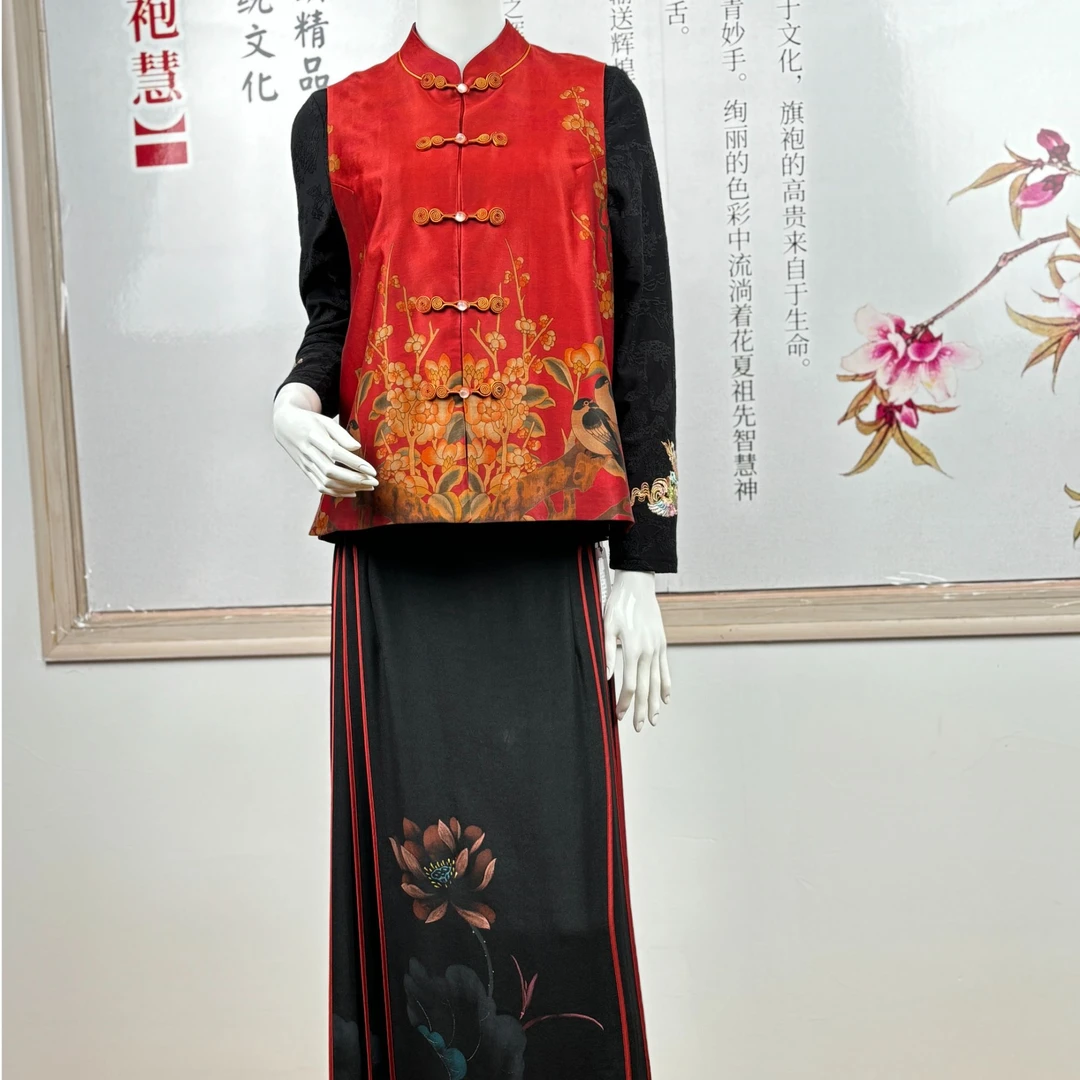 海棠标韵【优美高定旗袍】香云纱真丝珍珠金边盘扣高定改良旗袍定制