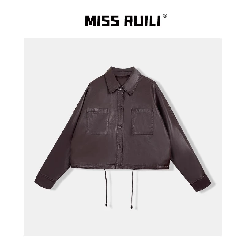 MISS RUILI定制 秋季新款港风Polo领时尚复古短款皮衣外套A8321