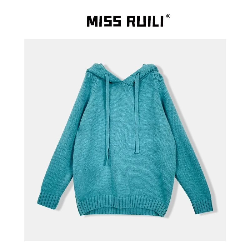 MISS RUILI定制 秋冬韩版简约小清新时尚宽松连帽针织毛衣A8340