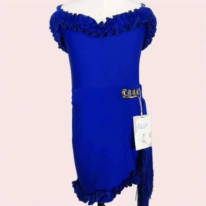 儿童夏季时尚拉丁舞服女孩女童蓝色无袖露背舞蹈练功演出服套装