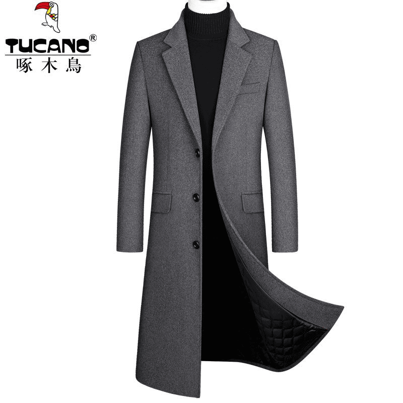 啄木鸟2021冬季加棉男士毛呢大衣韩版中长款呢子外套修身加厚风衣