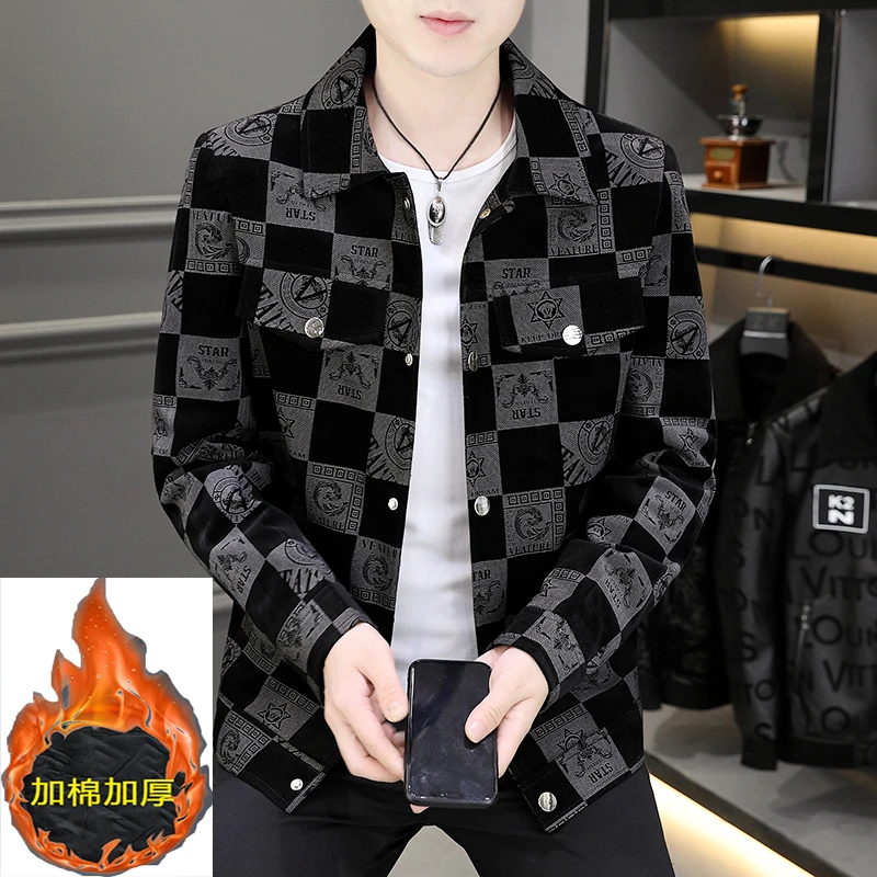 2024新款男士春季新款格子外套时尚休闲帅气冬季加厚高档夹克男装