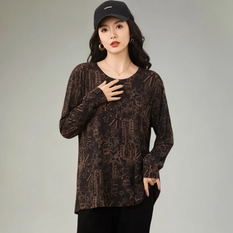 星梦情缘2024大码妈妈装显瘦秋季新款圆领显瘦长袖打底T恤