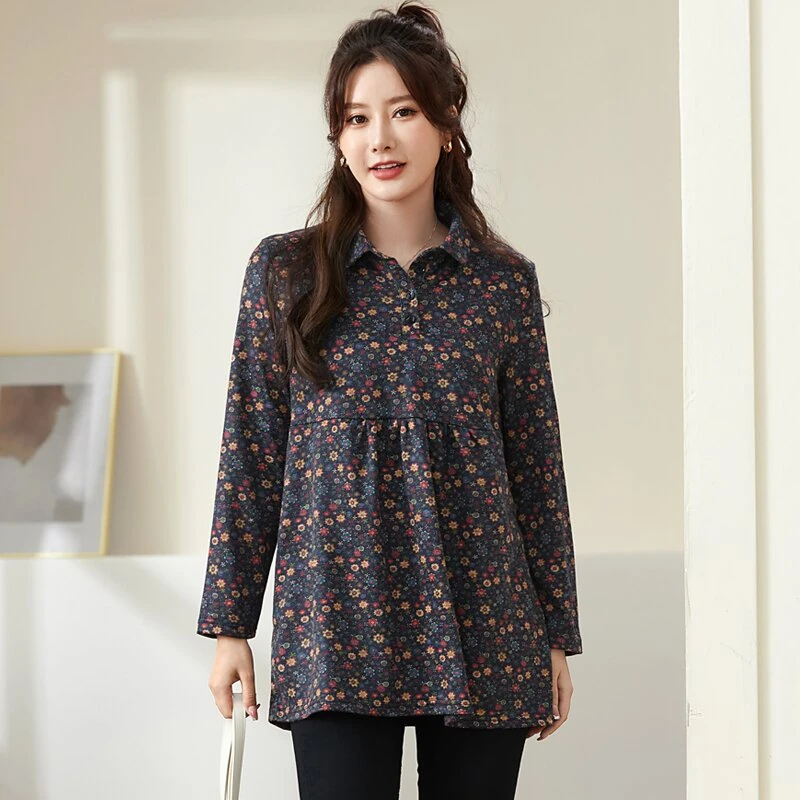 星梦情缘2024大码中老年显瘦遮肉碎花时尚宽松中长款长袖翻领