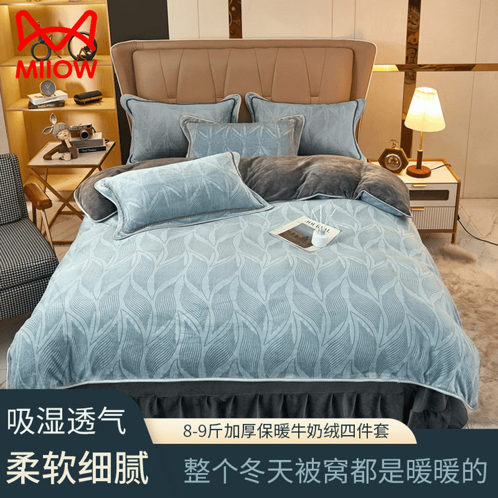 猫人牛奶绒床上四件套冬季加厚加绒保暖珊瑚法兰绒床单被套三件套