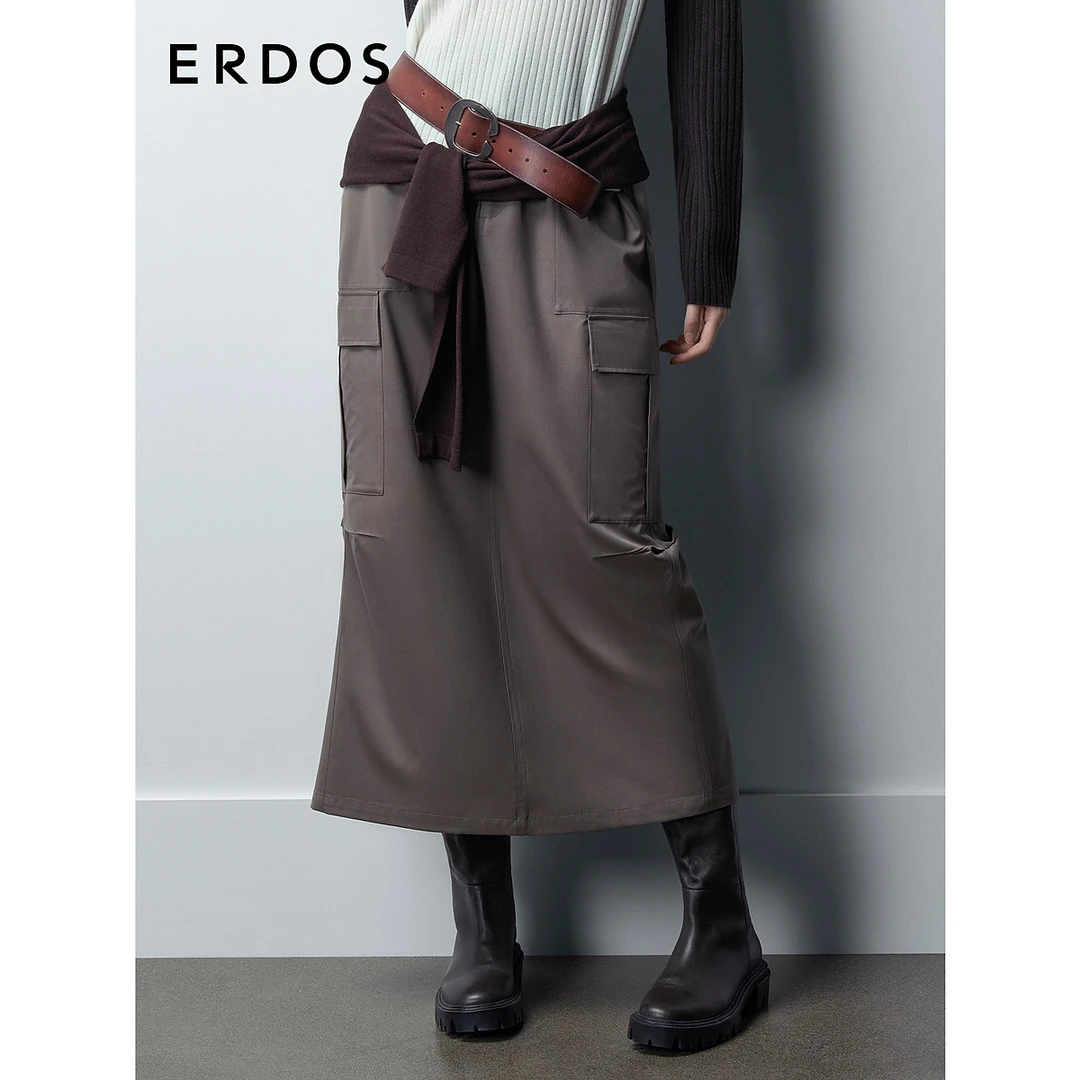 ERDOS 精纺丝毛半身裙女秋时髦通勤直筒工装风口袋长裙