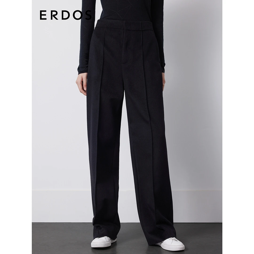 ERDOS桑蚕丝女裤女装纯色保暖简约风中腰磨毛直筒裤黑色垂感时尚