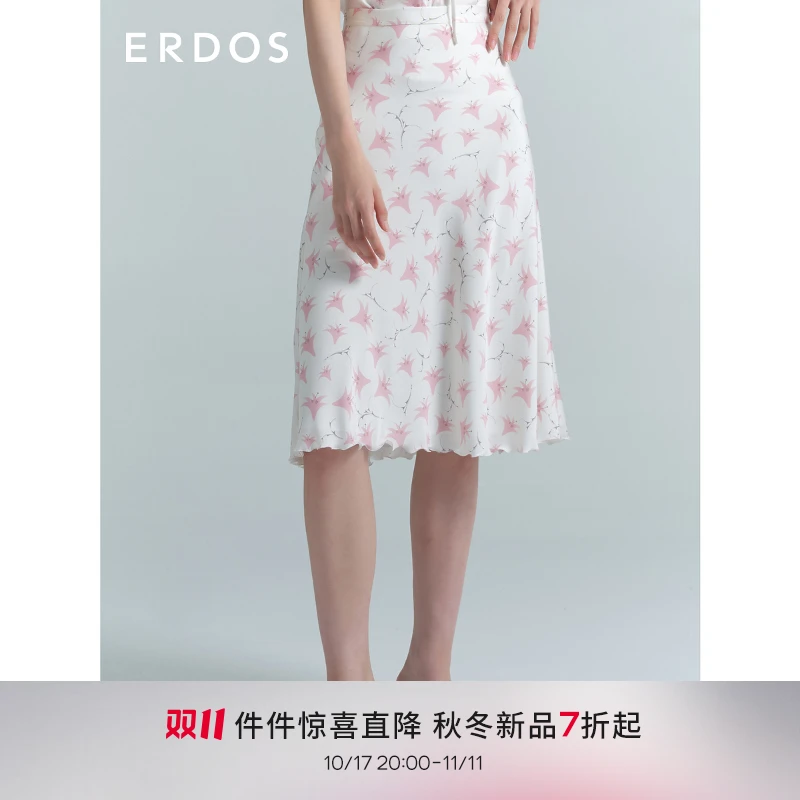 【桑蚕丝】ERDOS 春夏印花A字半身裙女复古气质中长裙小波浪底摆