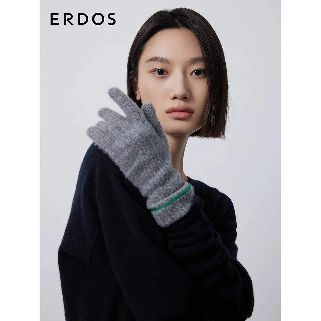 【山羊绒】ERDOS 早秋绒感舒适针织手套女彩色五指毛线保暖
