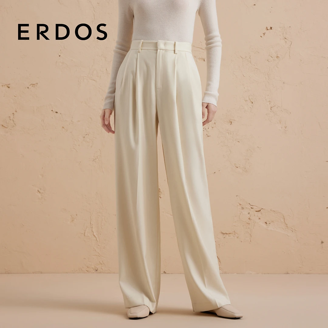 ERDOS 米白色简洁拉绒毛呢直筒女裤子【纹理】
