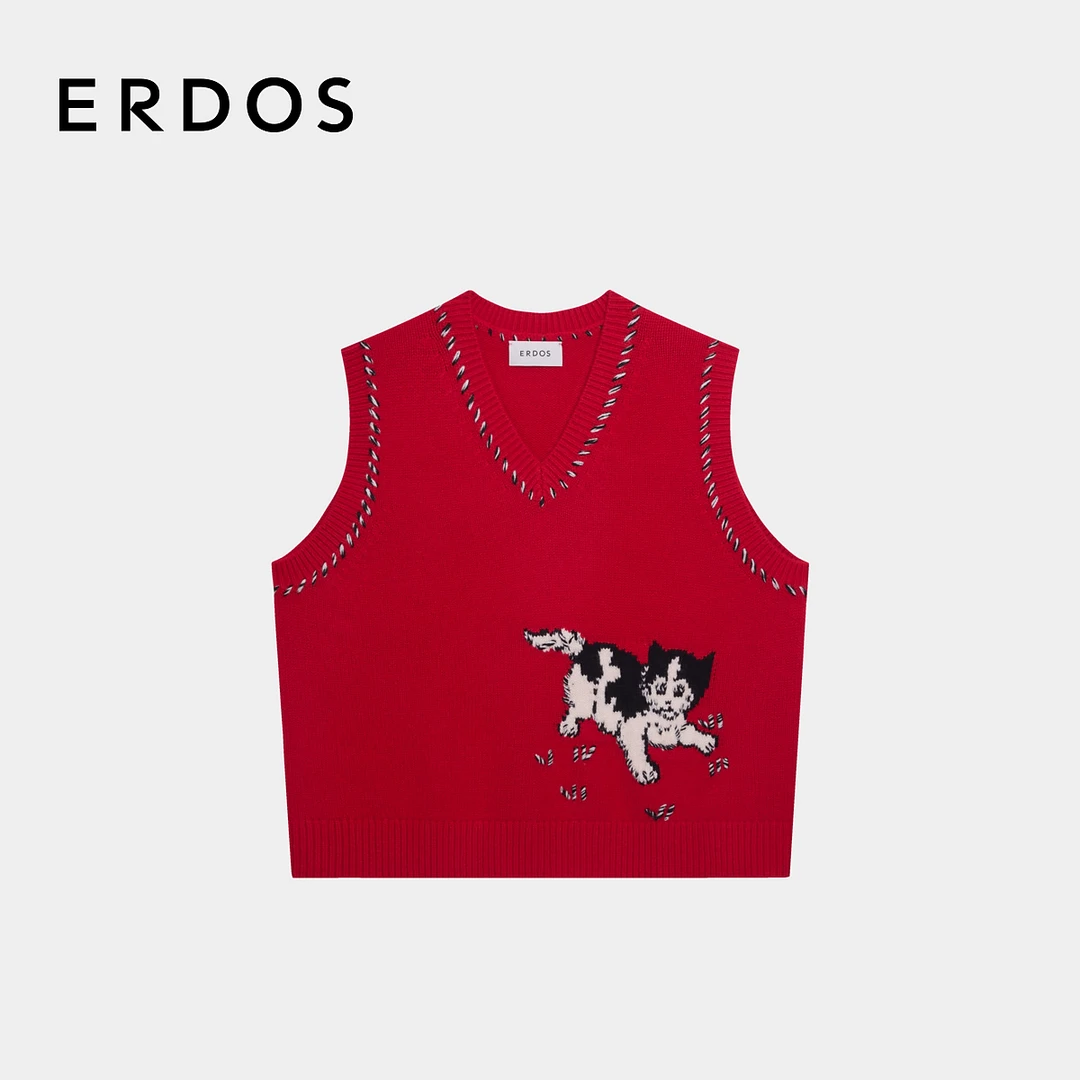 ERDOS 正红色ADF提花手绣猫咪图案V领小背心【魔法学院】秋冬新品