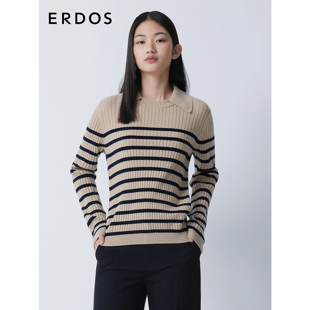 ERDOS 燕麦色翻领条纹针织衫女丝绒混纺宽松慵懒长袖套衫