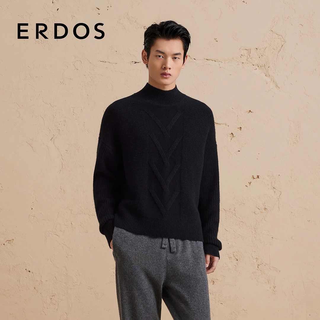 ERDOS 半高领毛绒套衫秋冬微落肩宽松绞花编织肌理针织衫