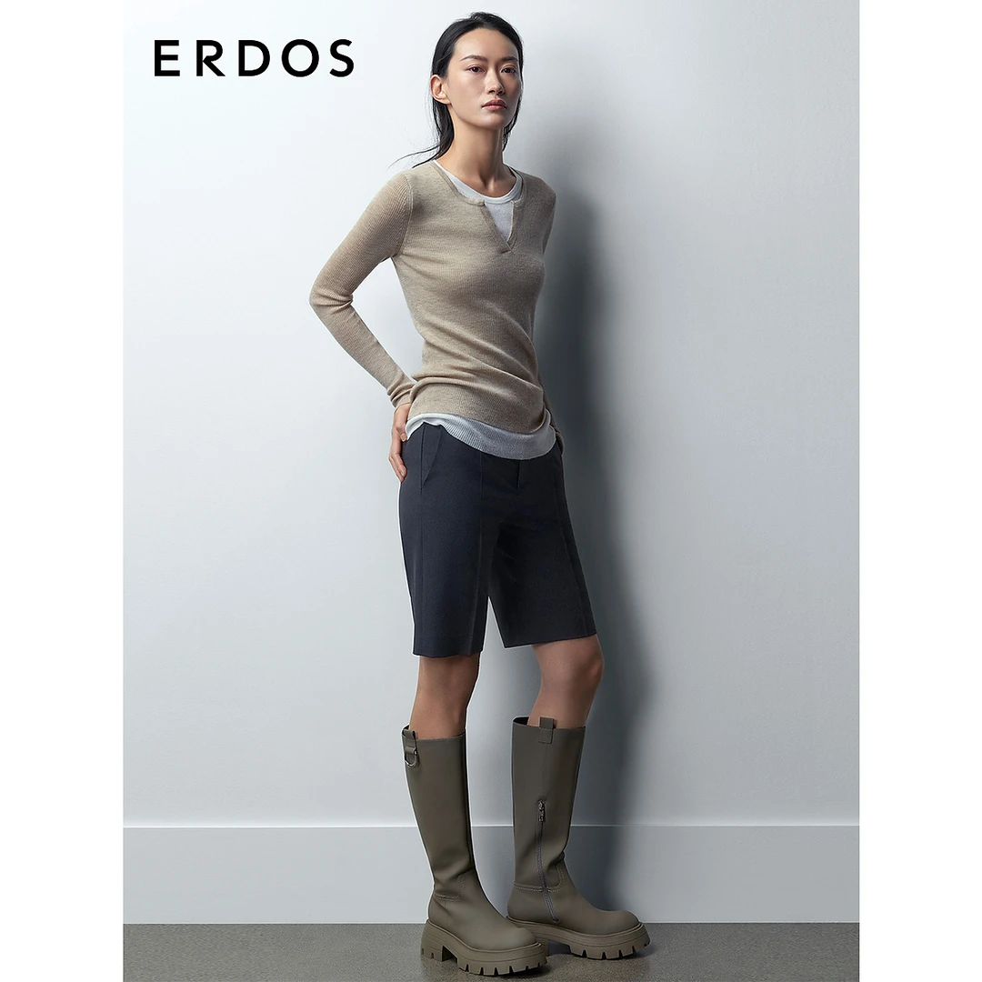 ERDOS 超细精纺舒适轻薄燕麦色优雅大气假两件圆领长袖套衫
