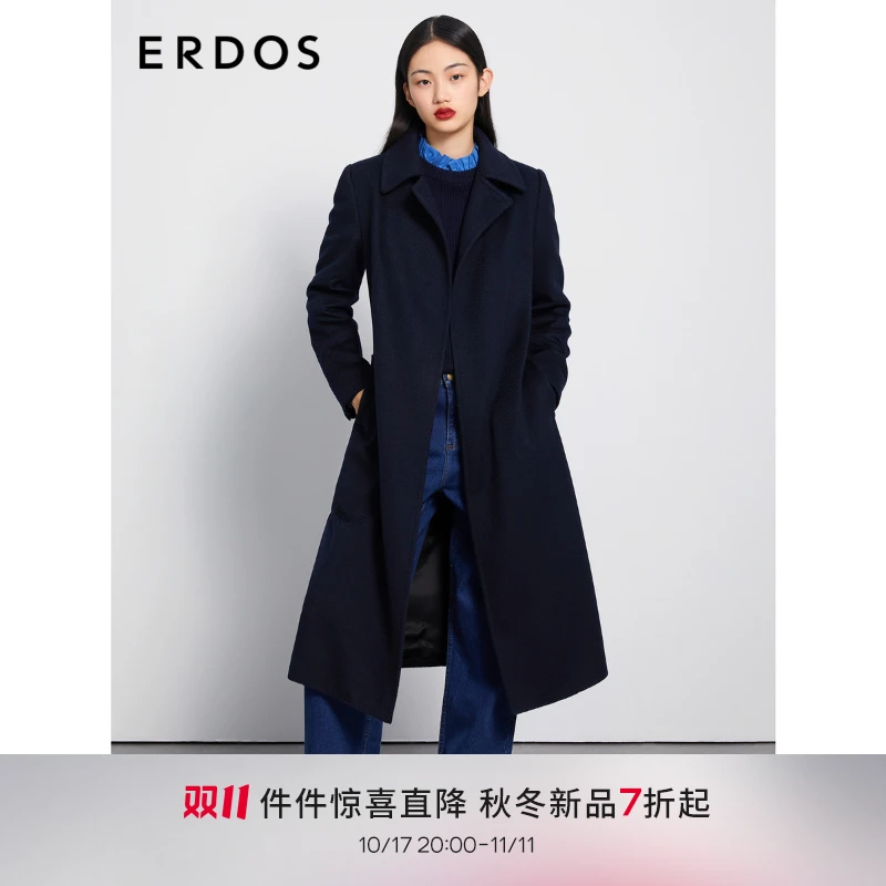 ERDOS 秋冬女士简约围裹长款水波纹毛呢外套风衣 时尚气质