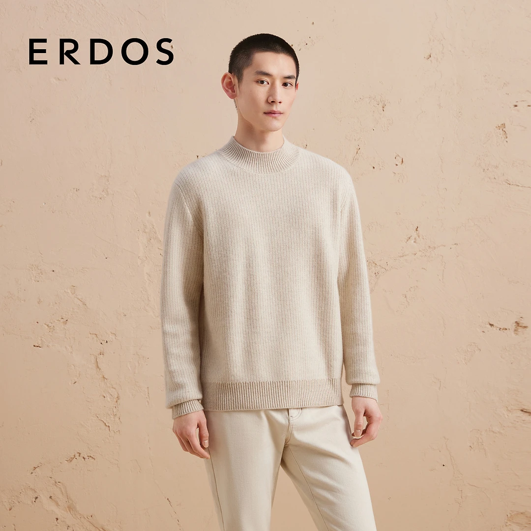 ERDOS 半高领羊绒衫秋冬男士翻花厚款纯色休闲羊绒套衫
