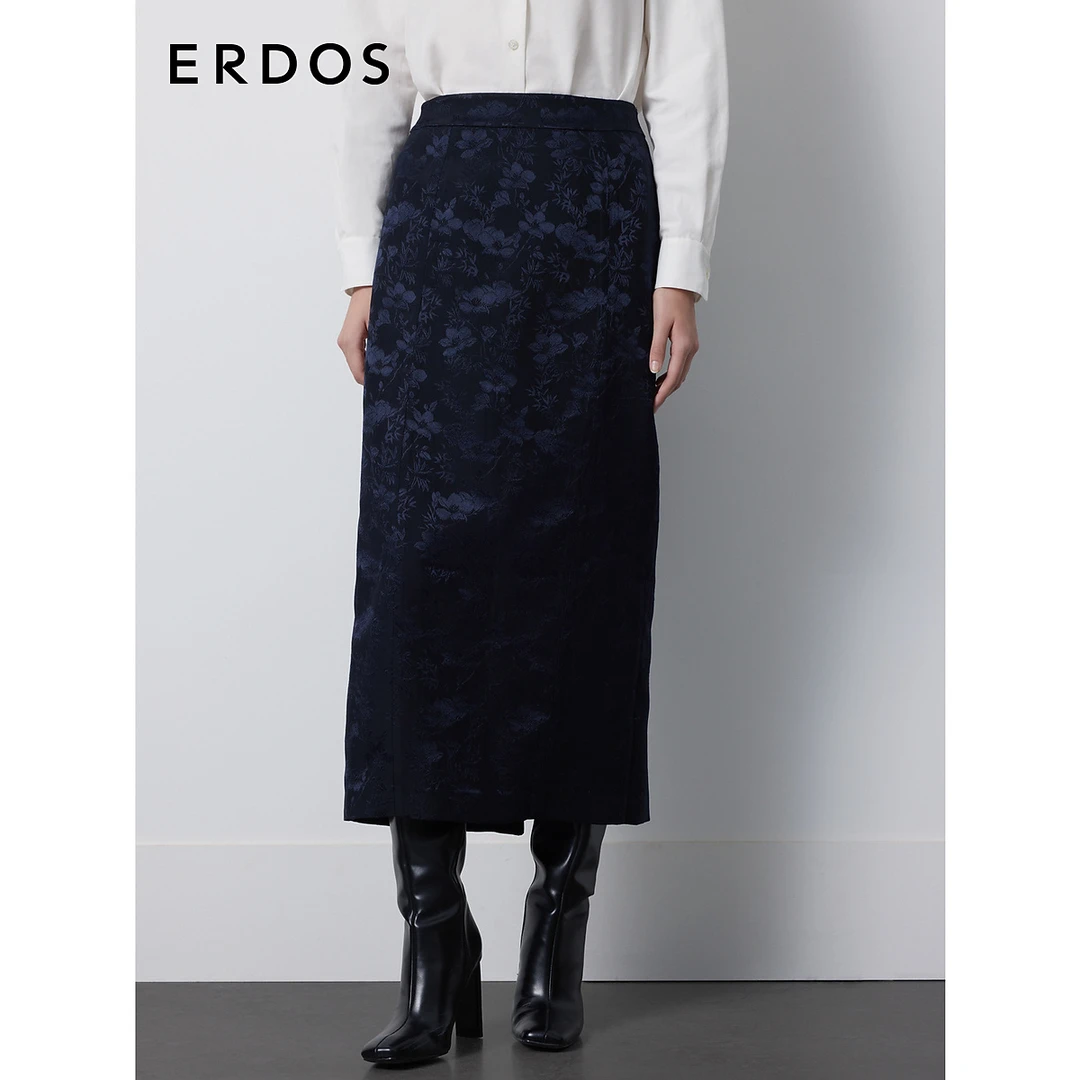 ERDOS 中式桃花竹午夜蓝色低调奢华轻礼服显瘦直筒铅笔半裙23新品