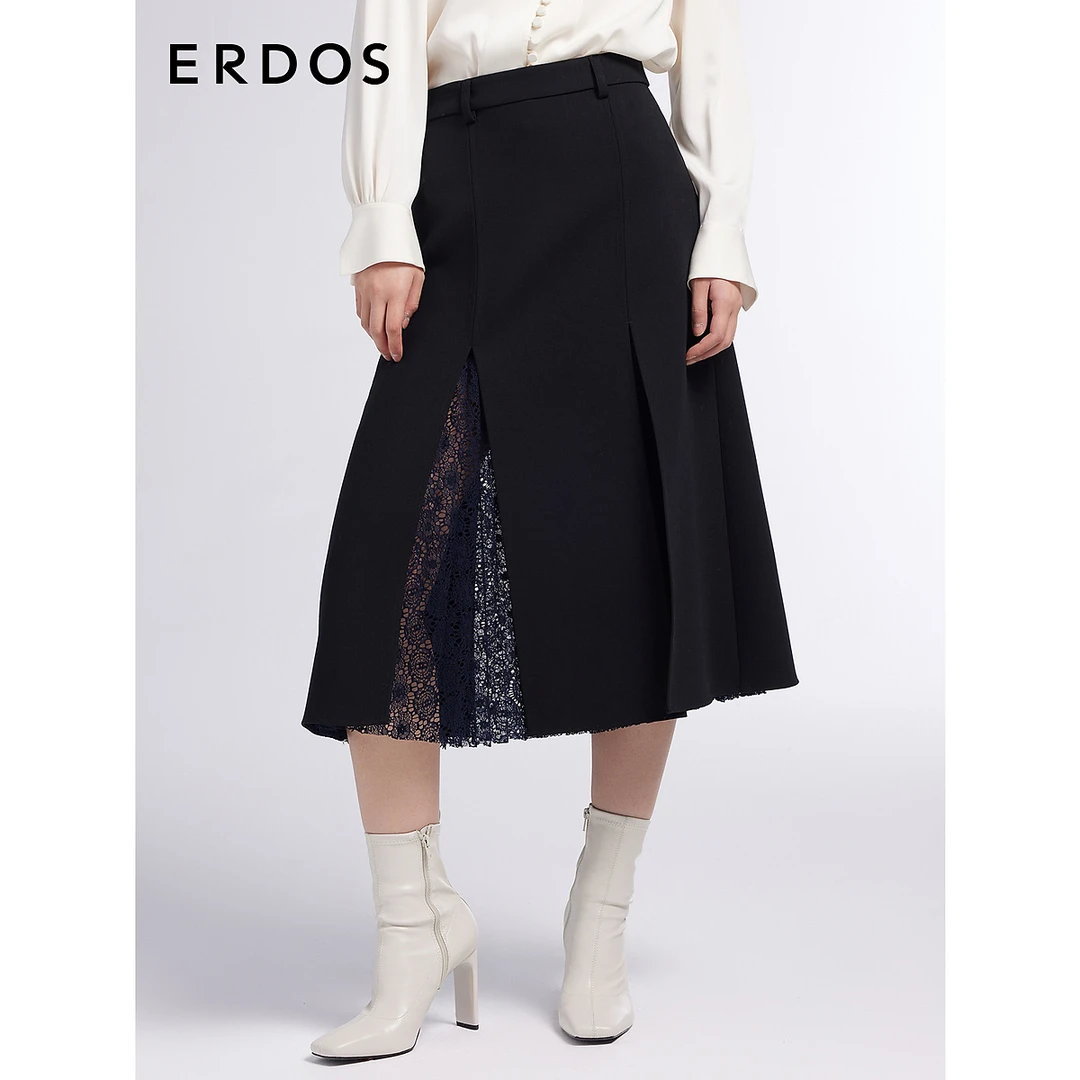 ERDOS 绵羊毛半身裙女内层蕾丝裙摆开叉中长款A字裙