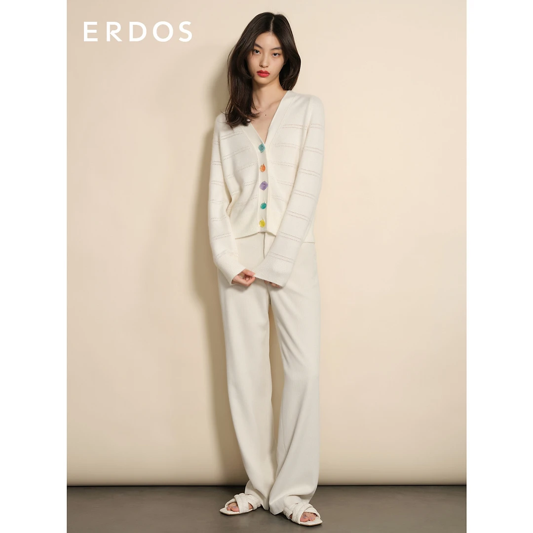 ERDOS 【山羊绒】初绒系列V领翻花针织开衫糖果色纽扣装饰羊绒衫