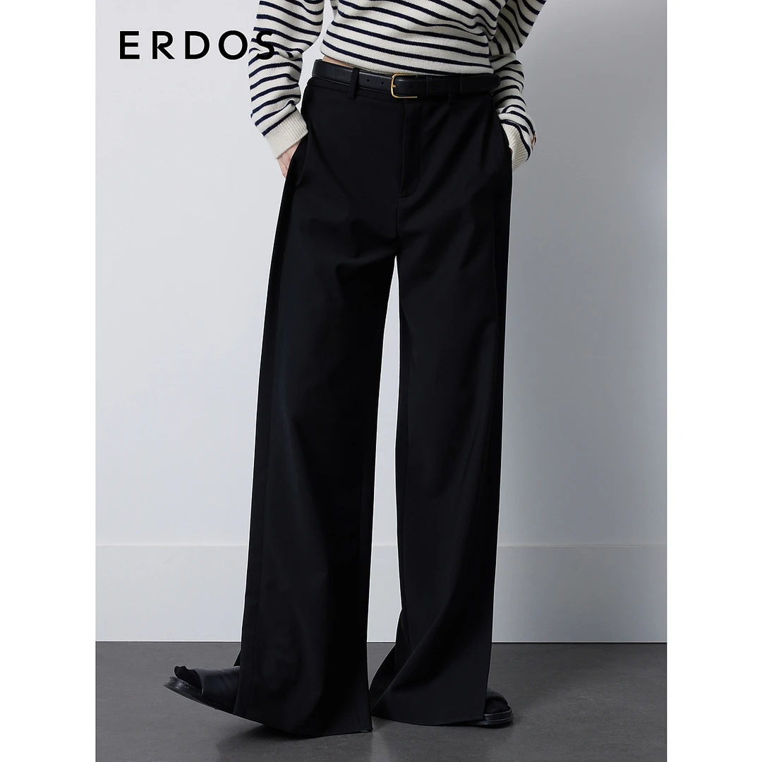 ERDOS 早秋黑色职场通勤阔腿裤女休闲百搭侧开叉舒适长裤